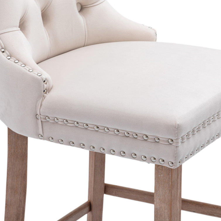 Beige Velvet Upholstered Bar Stools with Natural Wood Legs, Set of 2