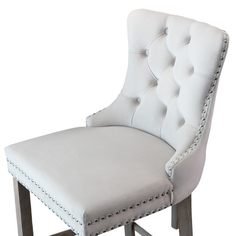 Beige Velvet Upholstered Bar Stools with Natural Wood Legs, Set of 2