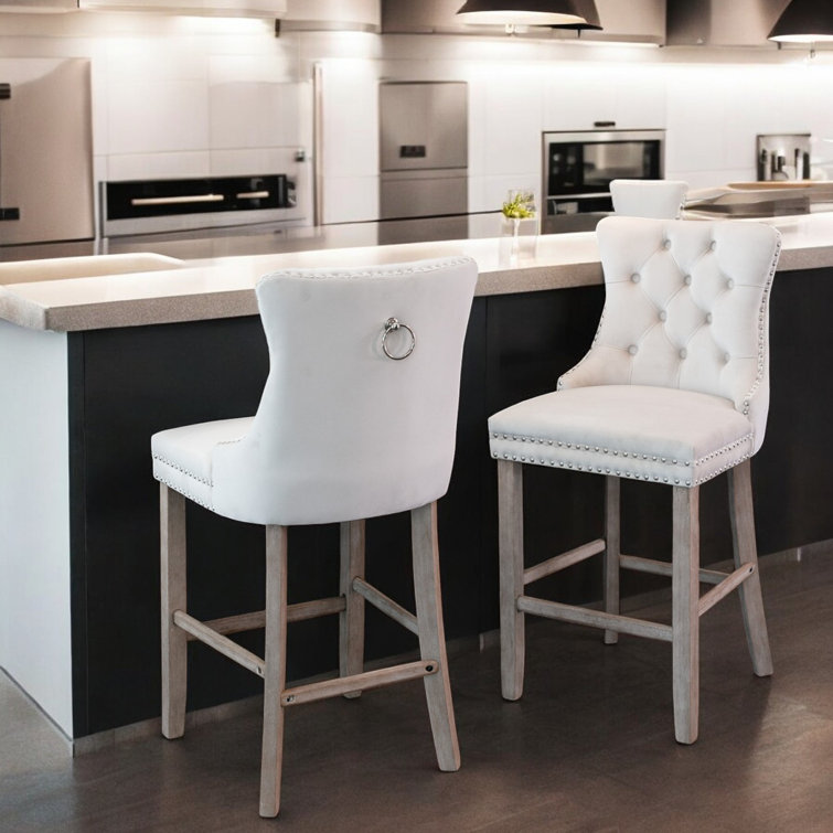 Beige Velvet Upholstered Bar Stools with Natural Wood Legs, Set of 2