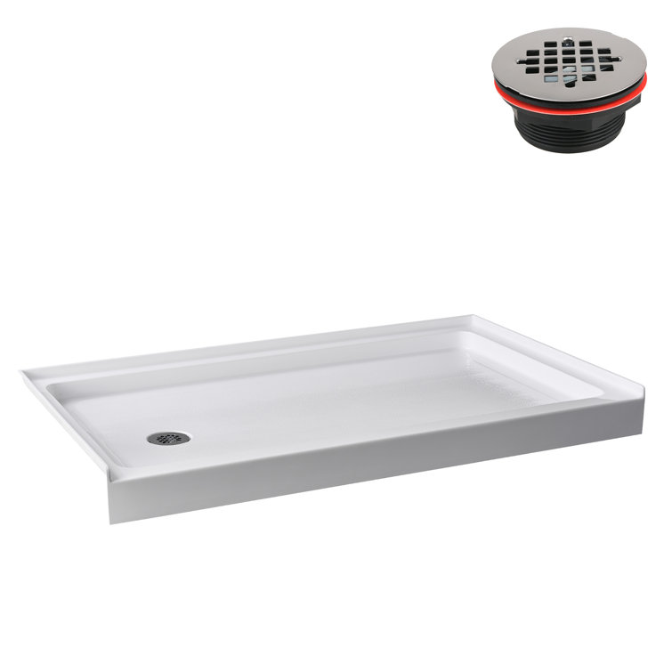 Glossy White Rectangular Acrylic Alcove Shower Base with Left Drain