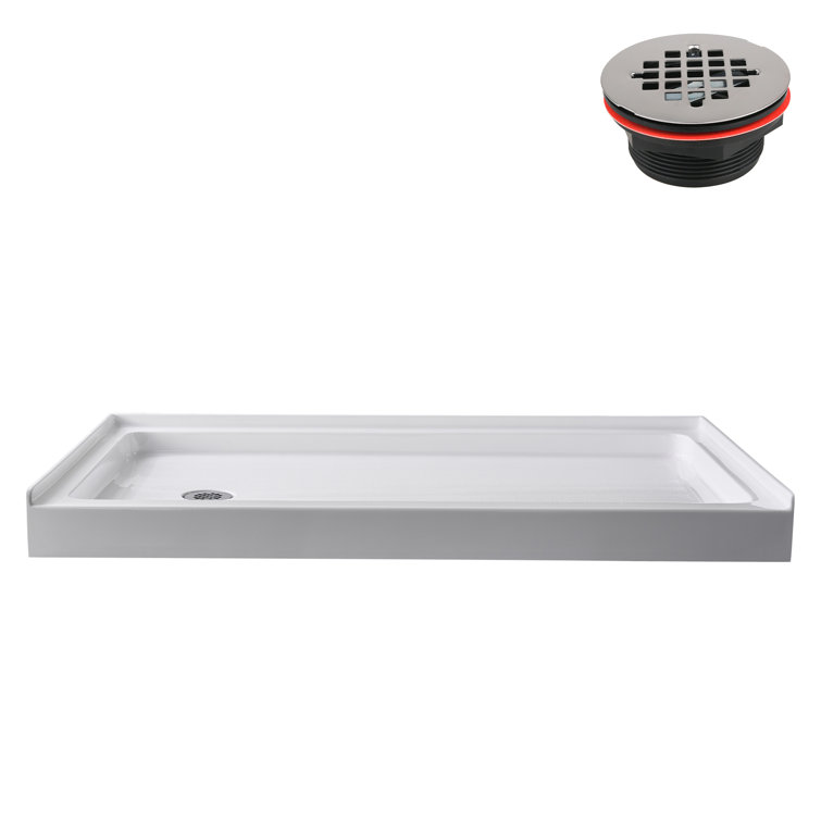 Glossy White Rectangular Acrylic Alcove Shower Base with Left Drain