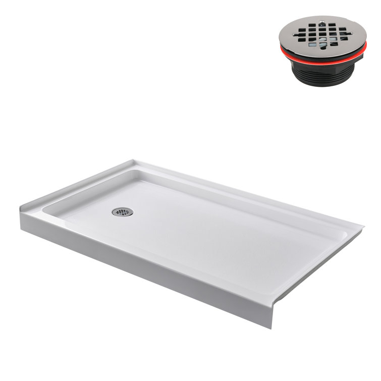 Glossy White Rectangular Acrylic Alcove Shower Base with Left Drain