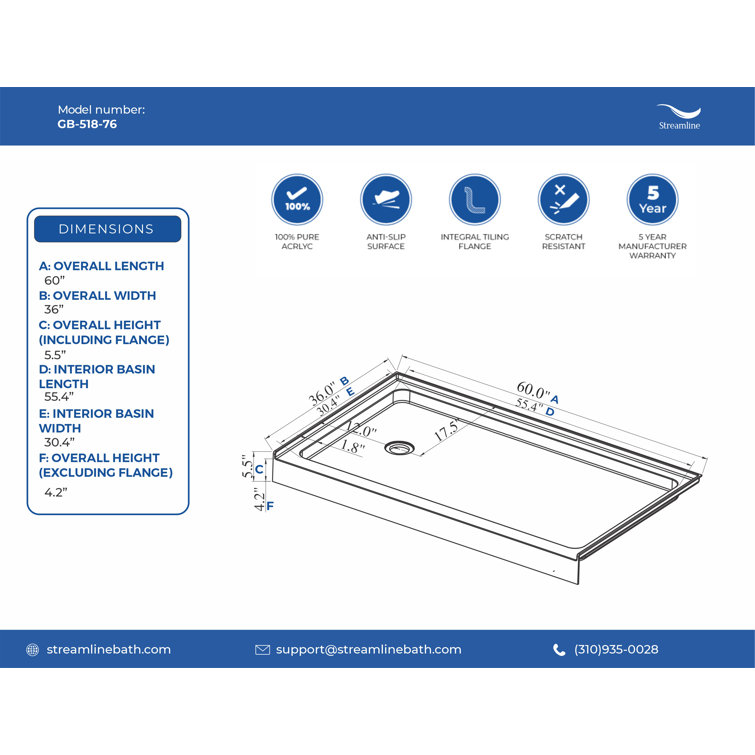Glossy White Rectangular Acrylic Alcove Shower Base with Left Drain
