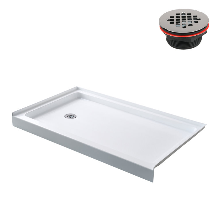 Glossy White Rectangular Acrylic Alcove Shower Base with Left Drain