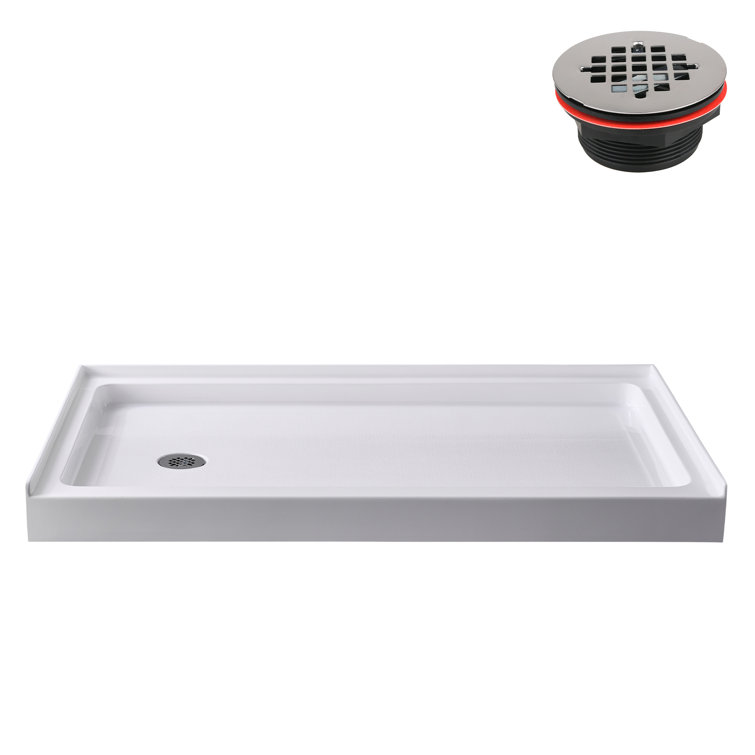 Glossy White Rectangular Acrylic Alcove Shower Base with Left Drain