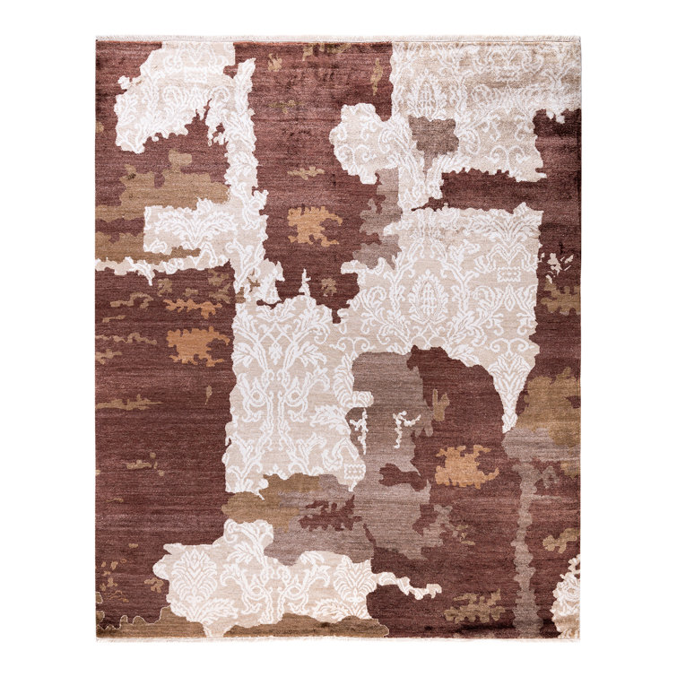 Hand-Knotted Brown and Ivory Wool Silk Medallion Rug