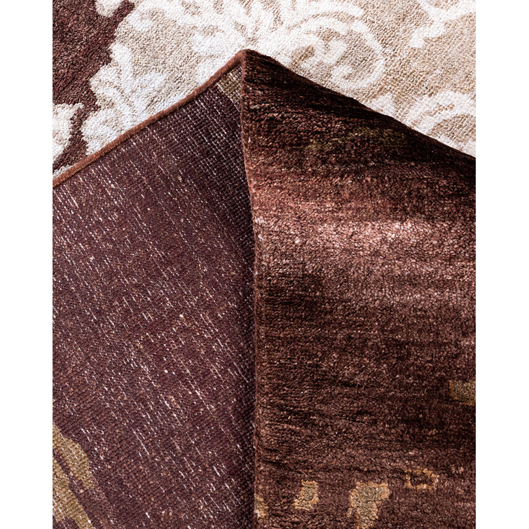 Hand-Knotted Brown and Ivory Wool Silk Medallion Rug