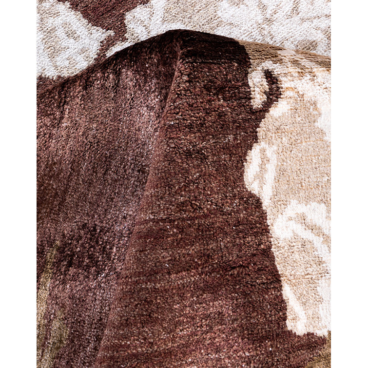 Hand-Knotted Brown and Ivory Wool Silk Medallion Rug