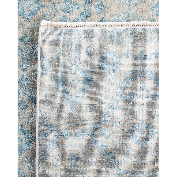 Ivory and Blue Hand-Knotted Wool Silk Medallion Rug, 9' x 12'