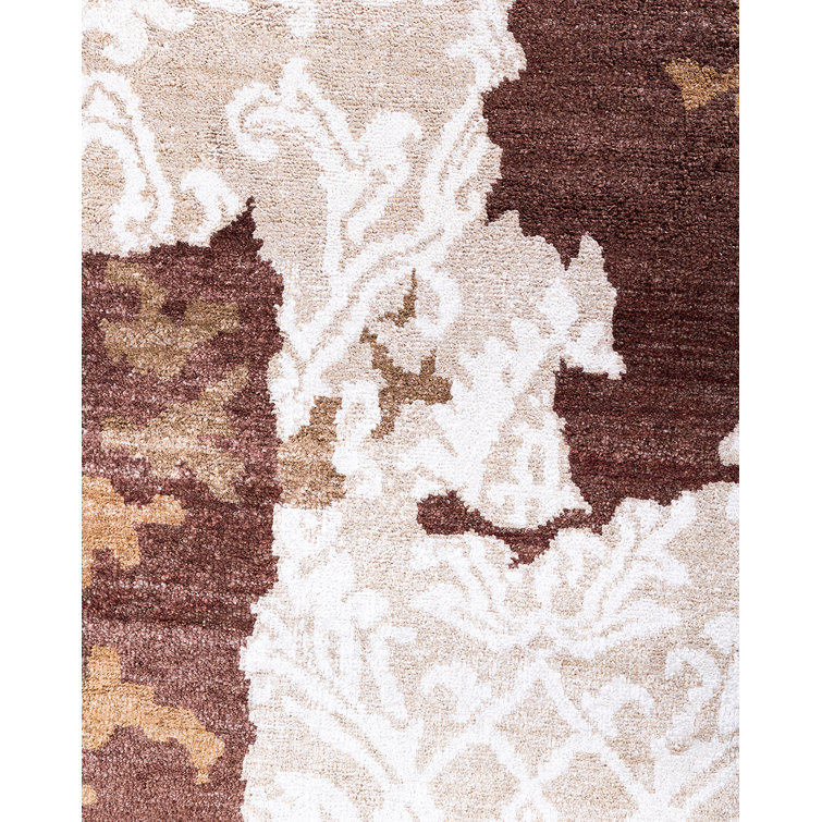 Hand-Knotted Brown and Ivory Wool Silk Medallion Rug