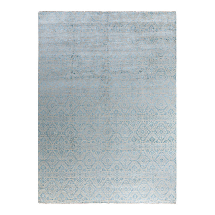 Ivory and Blue Hand-Knotted Wool Silk Medallion Rug, 9' x 12'