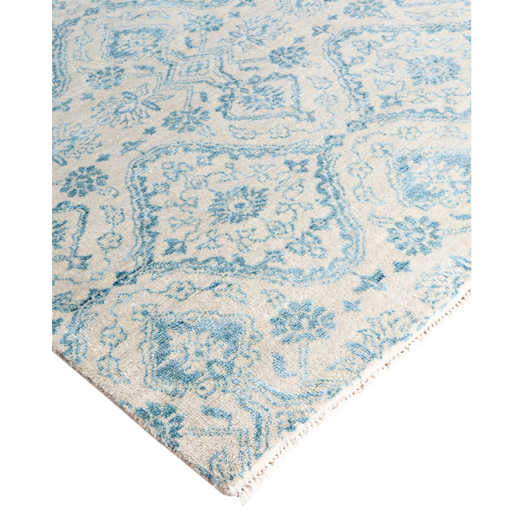 Ivory and Blue Hand-Knotted Wool Silk Medallion Rug, 9' x 12'