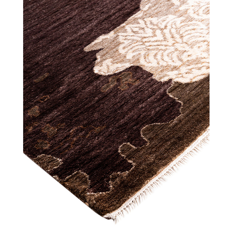 Hand-Knotted Brown and Ivory Wool Silk Medallion Rug