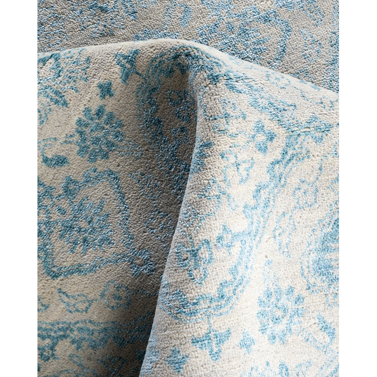 Ivory and Blue Hand-Knotted Wool Silk Medallion Rug, 9' x 12'