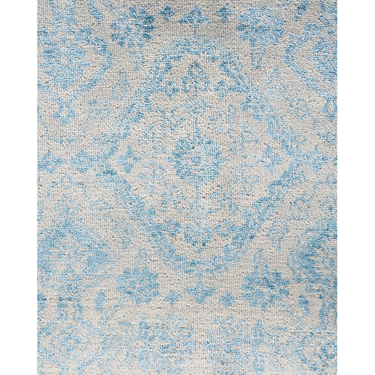 Ivory and Blue Hand-Knotted Wool Silk Medallion Rug, 9' x 12'