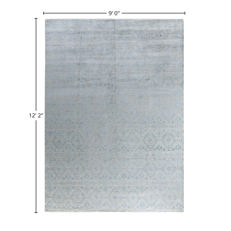 Ivory and Blue Hand-Knotted Wool Silk Medallion Rug, 9' x 12'