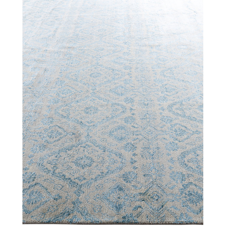 Ivory and Blue Hand-Knotted Wool Silk Medallion Rug, 9' x 12'