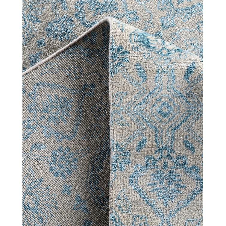 Ivory and Blue Hand-Knotted Wool Silk Medallion Rug, 9' x 12'