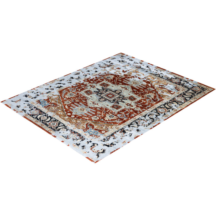 Hand-Knotted Red and Ivory Wool Silk Medallion Rug, 8' x 10'