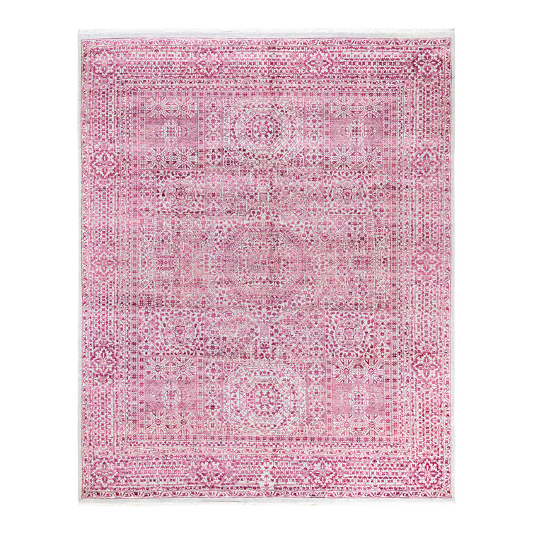 Handmade Pink and Gray Wool Silk Medallion Area Rug, 8' 1" x 10' 0"