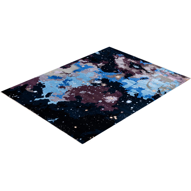 Hand-Knotted Black and Blue Wool Medallion Area Rug, 9' 3" x 12' 2"