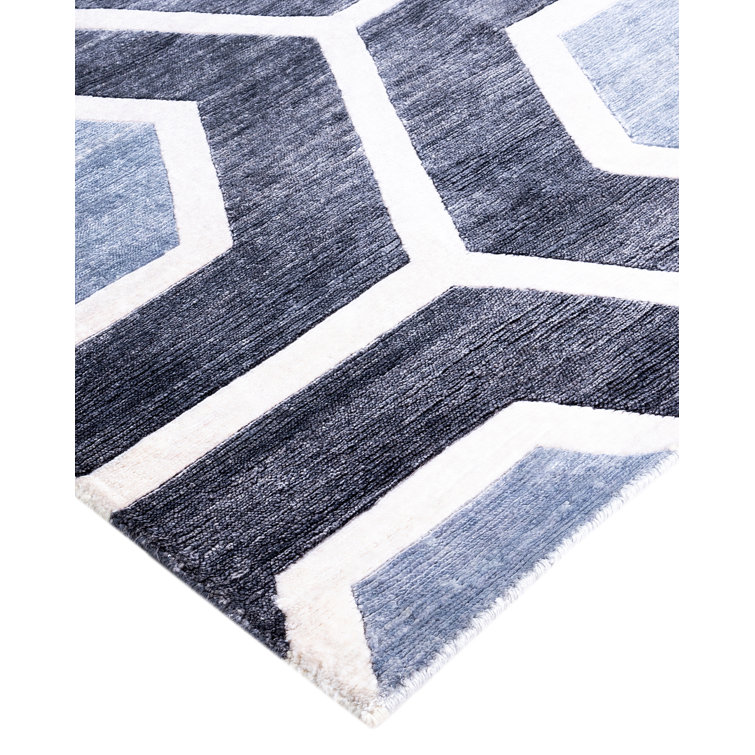 Gray and White Hand-Knotted Silk Rectangular Area Rug