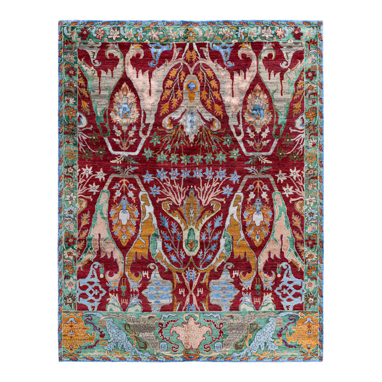 Luxurious Red Hand-Knotted Wool and Silk Area Rug, 8' 1" x 10' 1"