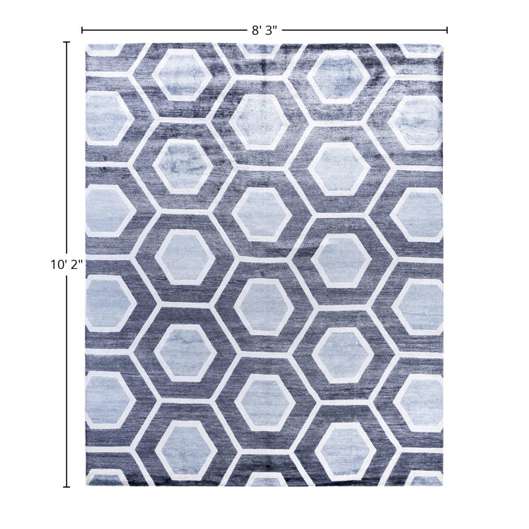 Gray and White Hand-Knotted Silk Rectangular Area Rug