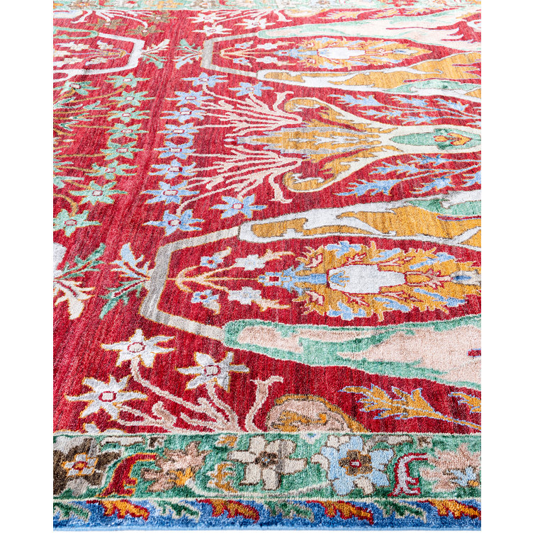 Luxurious Red Hand-Knotted Wool and Silk Area Rug, 8' 1" x 10' 1"