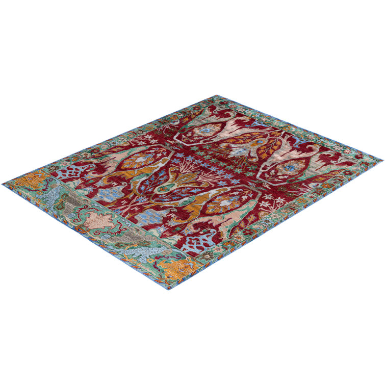 Luxurious Red Hand-Knotted Wool and Silk Area Rug, 8' 1" x 10' 1"