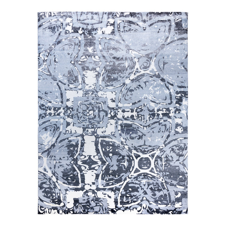 Blue Hand-Knotted Silk Rectangular Area Rug, 9' 1" x 12' 1"
