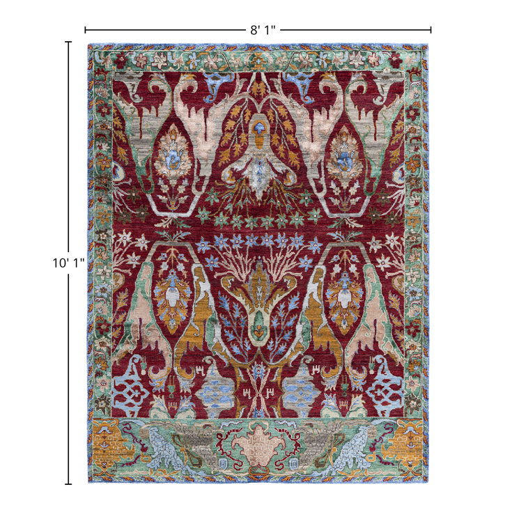 Luxurious Red Hand-Knotted Wool and Silk Area Rug, 8' 1" x 10' 1"