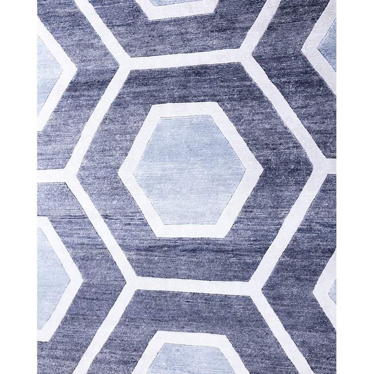 Gray and White Hand-Knotted Silk Rectangular Area Rug