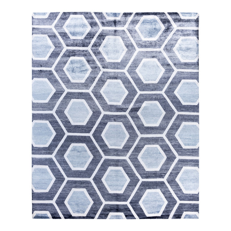 Gray and White Hand-Knotted Silk Rectangular Area Rug