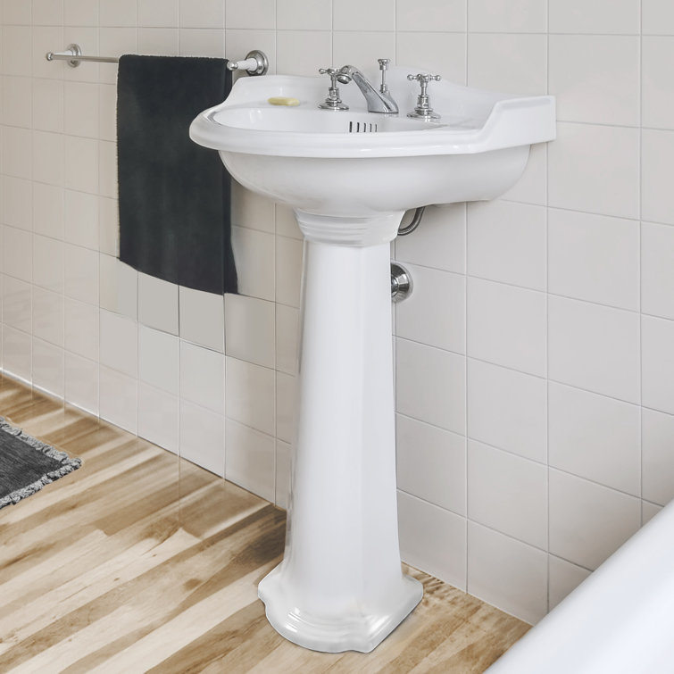 White Ceramic Pedestal Sink with Integrated Oval Bowl