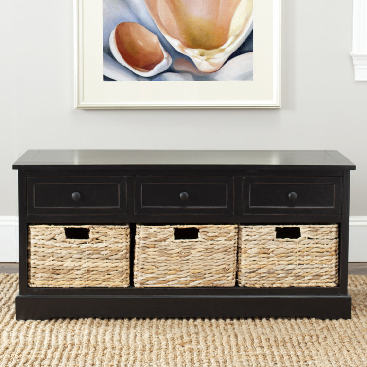 Transitional Gray Pine Wood Storage Bench with Wicker Baskets