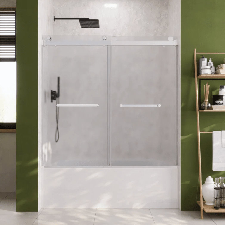 Chrome Double Sliding Frameless Bathtub Shower Door with Frosted Glass