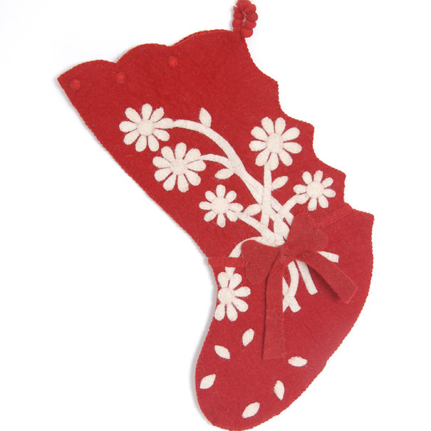 Red Hand Felted Wool Christmas Stocking with Flower Bouquet