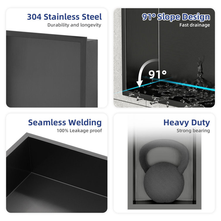 Black Stainless Steel Shower Wall Niche with Anti-Water Slope
