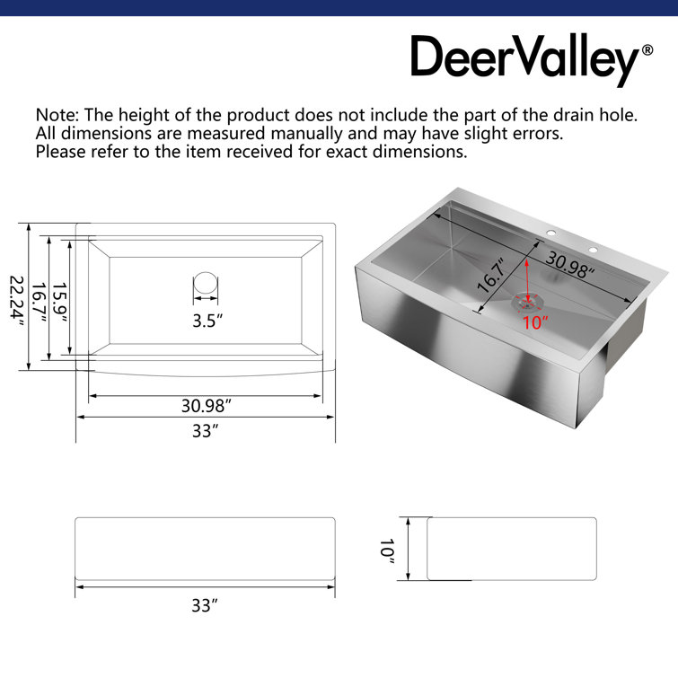 33" Stainless Steel Farmhouse Single Bowl Workstation Sink