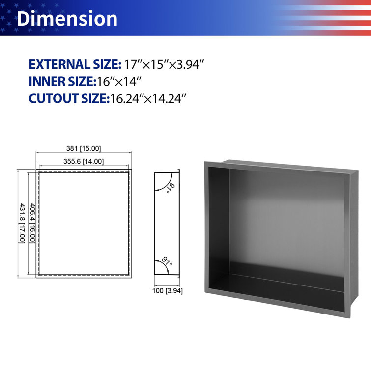 Black Stainless Steel Shower Wall Niche with Anti-Water Slope