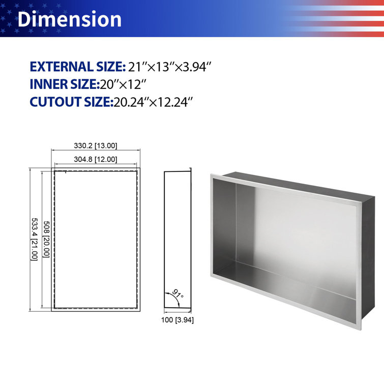 Brushed Nickel Stainless Steel Wall Niche with Anti-Water Slope