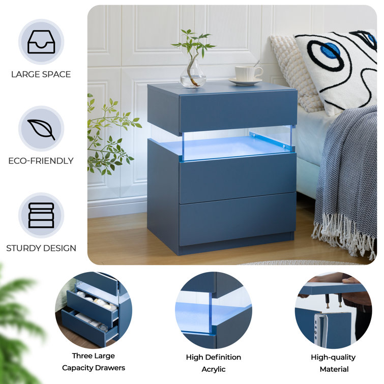 Blue LED 3-Drawer Manufactured Wood Nightstand Set