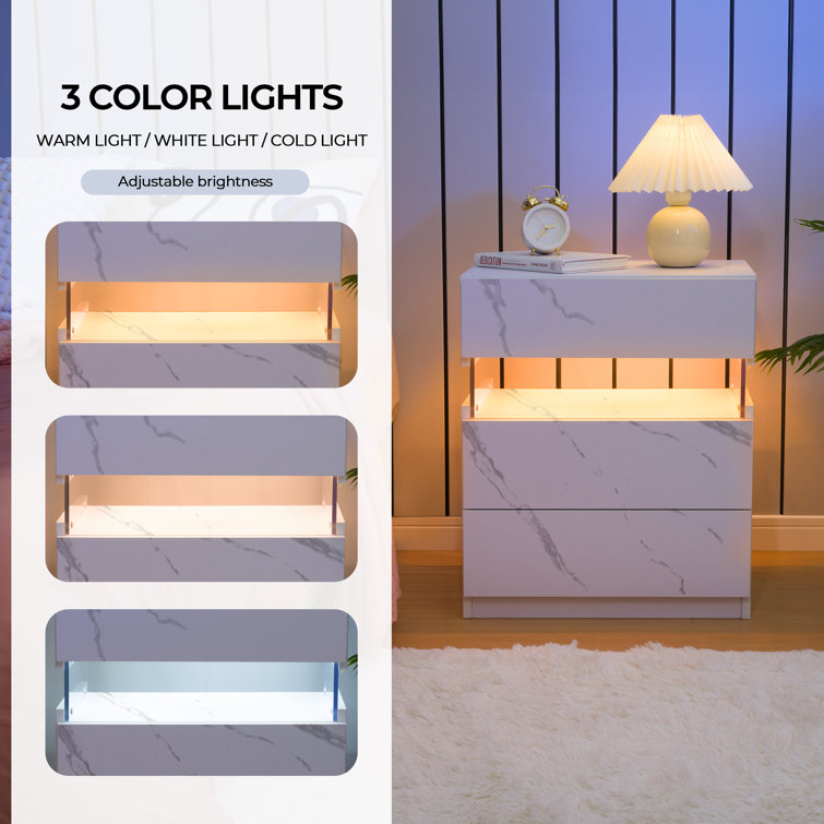 White and Gray LED 3-Drawer Nightstand Set