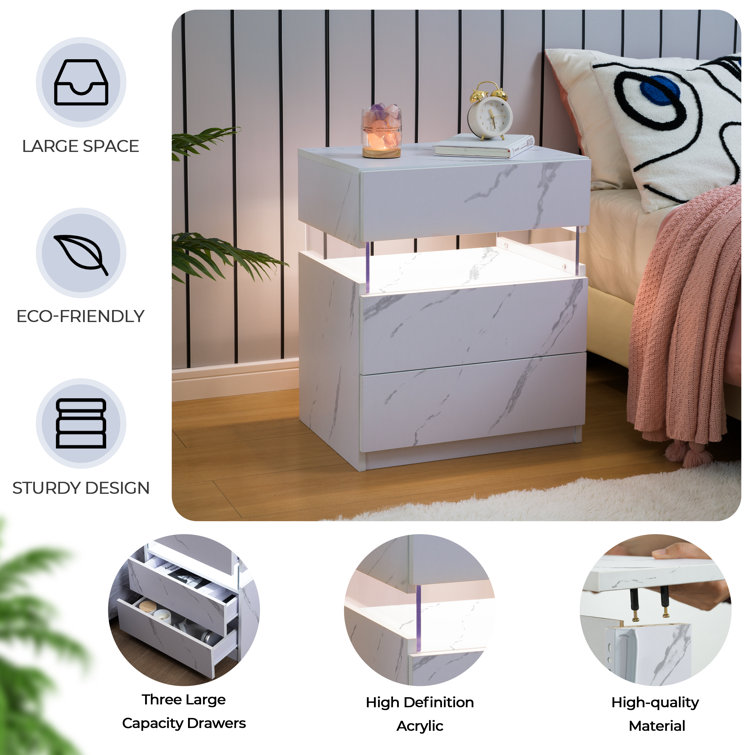 White and Gray LED 3-Drawer Nightstand Set
