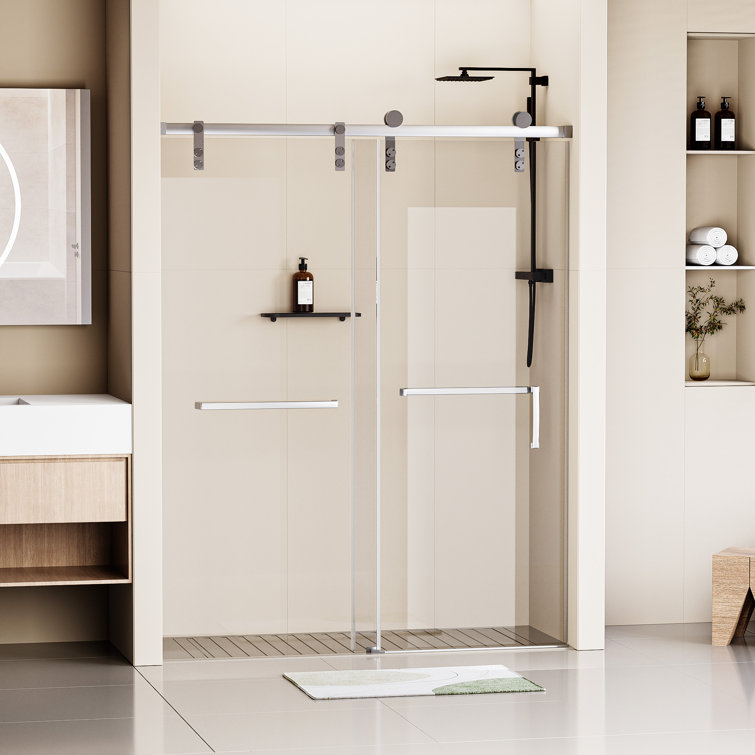 60" x 76" Frameless Matte Black Sliding Shower Door with Clear Tempered Glass