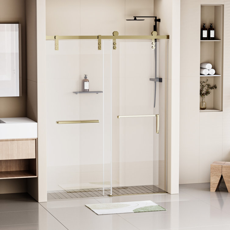 60" Gold Frameless Single Sliding Shower Door with Clear Tempered Glass