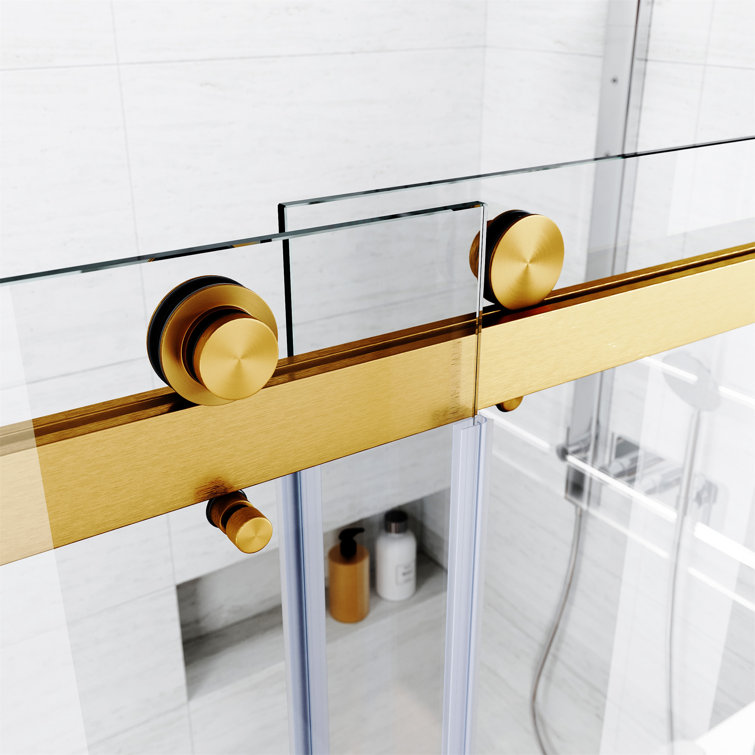 Frameless Sliding Shower Door with Clear Tempered Glass and Brushed Gold Hardware