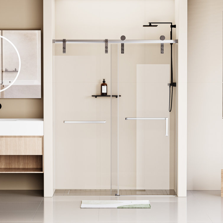 60" x 76" Frameless Matte Black Sliding Shower Door with Clear Tempered Glass