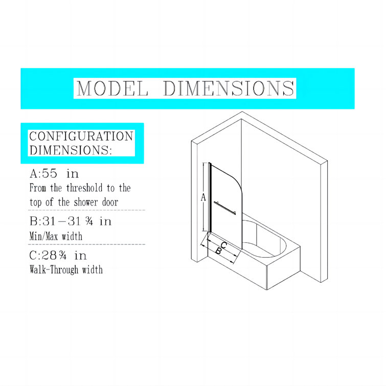 31"W x 55"H Brushed Gold Frameless Tempered Glass Bathtub Door